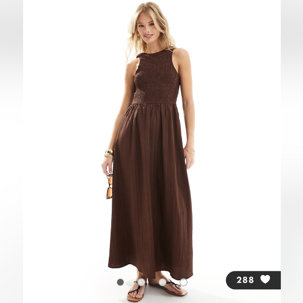 ASOS Design Racer Crinkle Midi Sundress with Scoop Back in Chocolate Brown